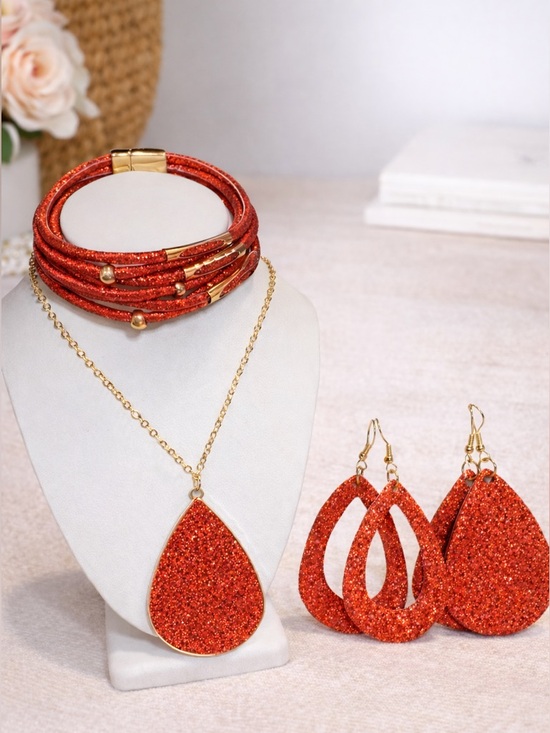 unknown brand Jewelry - *Red and Gold Glittery Necklace Bracelet Earring Set